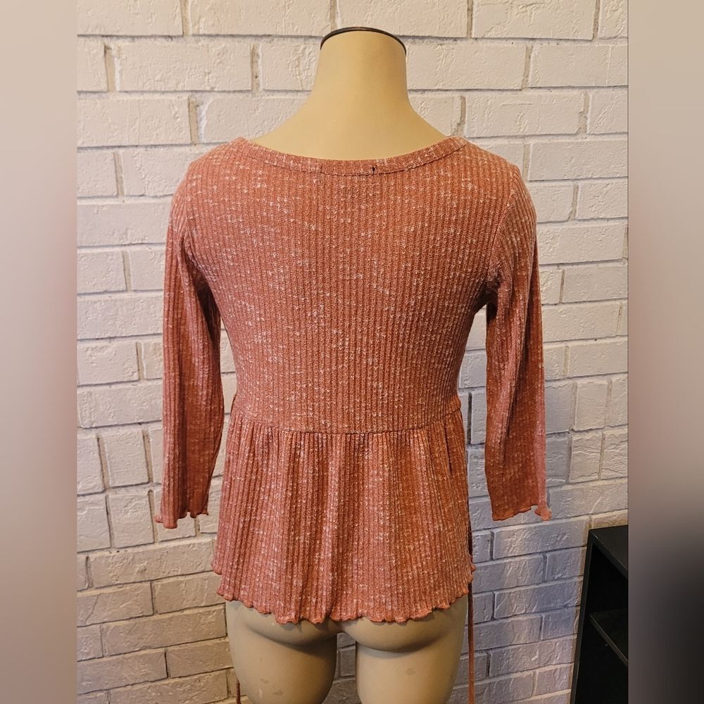 Almost Famous Ribbed Peplum Button-Front Top | Terracotta Rust | Size Medium - Picture 2 of 5